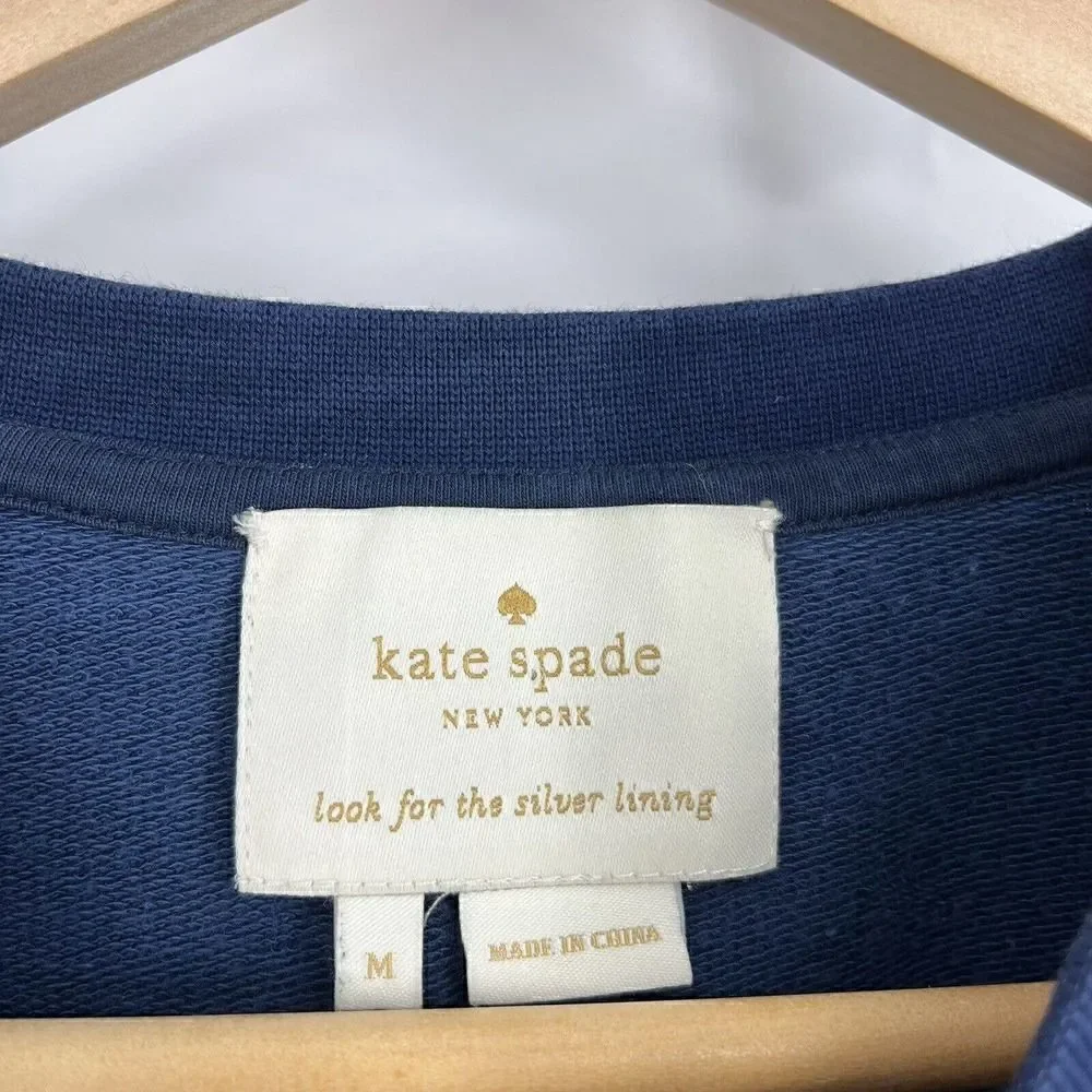 Kate Spade Sweater Size Medium Navy Mixed Media Floral Top Cotton Stretch Shirt